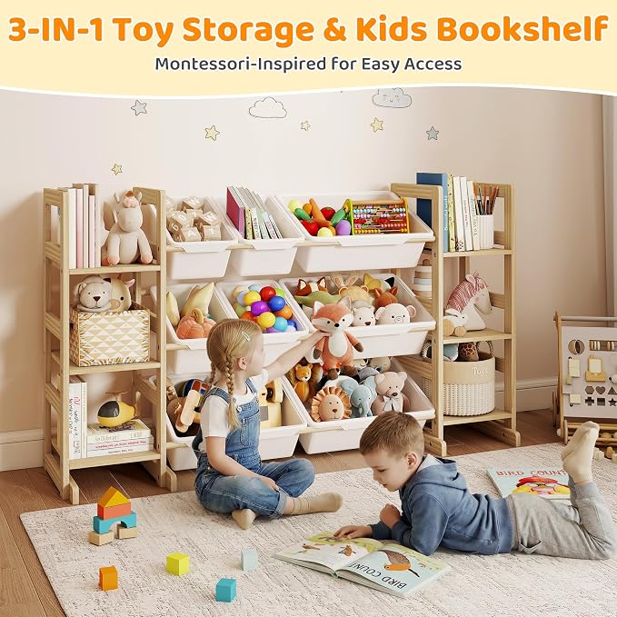 GITAWUSA Toy Storage Organizer, Kids Bookshelf with 6 Shelves, 9 Toy Bins | Toy Shelf, Storage Bin Unit, Toy Organization for Playroom, Nursery, Bedroom, Toddler Room, White, 52''W