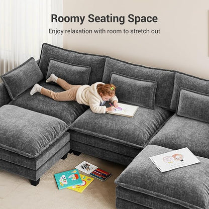 Pipishell 110.6" Modular Sectional Sofa, U Shaped Cloud Couch with Movable Ottoman, 5-Seat Chenille Deep Seat Cloud Modular Sectional Sofa with Throw Pillows for Living Room & Apartment, Grey