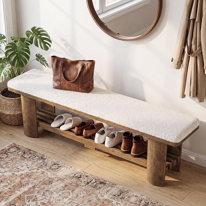 Tribesigns Entryway Bench with Storage, 62.9-Inch Wooden Upholstered Shoe Bench with Faux Lamb Wool Cushion and Shoe Rack for Living Room Hallway