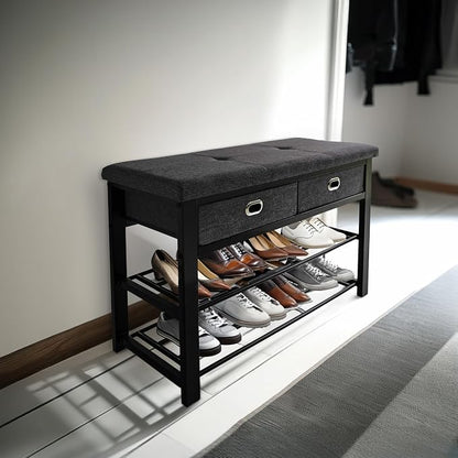 Finnhomy Entryway Shoe Rack with Cushioned Seat, Shoe Bench for Entry, 3-Tier Shoe Storage Organizer with 2 Drawers, Gray