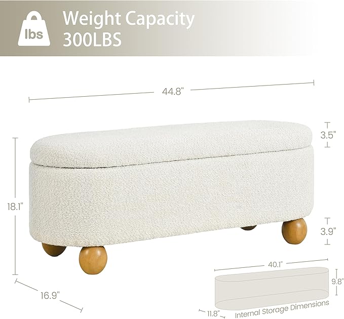 VKNOW 44.8" Storage Ottoman Bench End of Bed Bench, Thickened Upholstered Blanket Chest for Living Room, Entryway Bench with Hinge and Cute Spherical Solid Wood Stool Legs for Bedroom, Beige