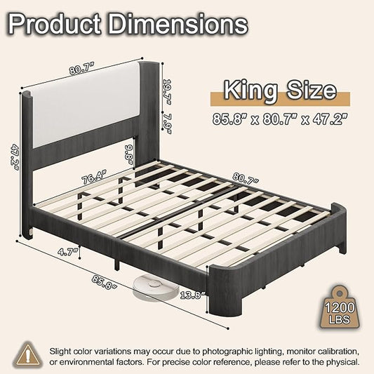 King Size Upholstered Platform Bed Frame with Wingback Headboard, Motion-Sensing LED Lights, Sturdy Slats, Mattress-Lock Footboard, PU Leather,No Box Spring Needed, Easy Assembly, Dark Grey Oak