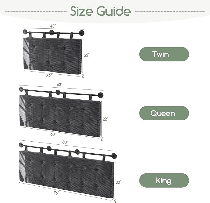 HIGOGOGO Wall Mounted Headboards for Queen Size Bed, Hanging Head Board Wall with Button Tufting, Adjustable Height Headboard for Bedroom,Darkgrey