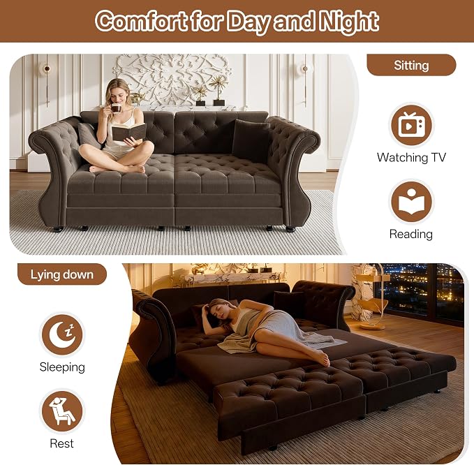 83.8" Oversized Pull Out Sofa Bed, Chesterfield Velvet Sleeper Sofa Couch with Roll Arm & Flower Tufting, Heavy Duty Metal Frame Convertible Sofa for Living Room, Apartment, Guest Room, Brown