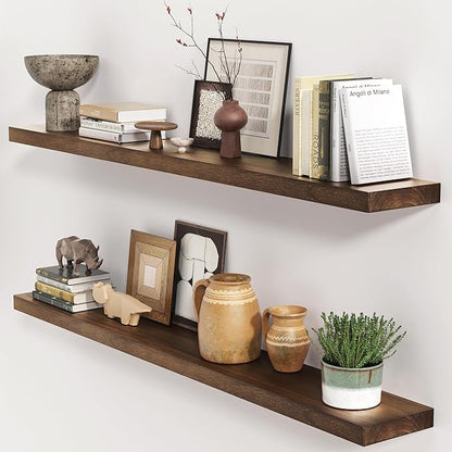 fuqing Rustic Floating Shelves, 48 Inch Floating Shelf Set of 2, Solid Wood Wall Mounted Shelves Dark Wood Shelves for Bedroom Bathroom Living Room - Dark Walnut