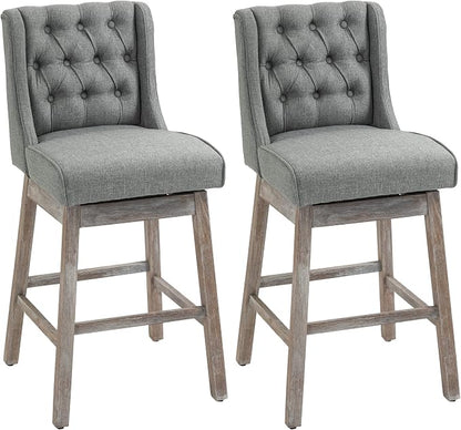 HOMCOM Bar Height Bar Stools Set of 2, 180 Degree Swivel Barstools with Solid Wood Footrests and Button Tufted Design, 30" Seat Height Bar Chairs for Kitchen Island, Gray
