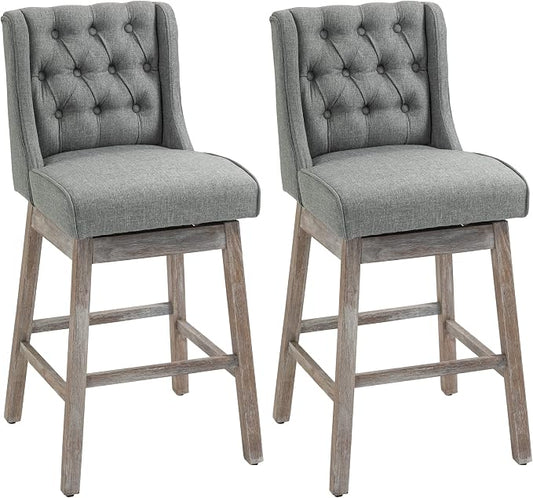 HOMCOM Bar Height Bar Stools Set of 2, 180 Degree Swivel Barstools with Solid Wood Footrests and Button Tufted Design, 30" Seat Height Bar Chairs for Kitchen Island, Gray
