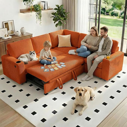 Sectional Sleeper Sofa with Pull Out Bed, Plush Corduroy L Shaped Corner Couch with Storage, USB Ports, Cup Holders, Comfy Sectional Couches for Living Room, Orange