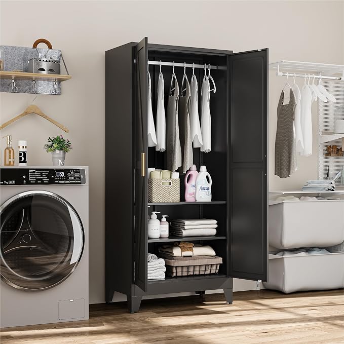 Metal Wardrobe Closet with Doors and Shelves, 71" Farmhouse Bedroom Armoire with Hanger Rod and Clothing Shelf, Black Metal Closet Cabinet for Garage, Office, Laundry Room