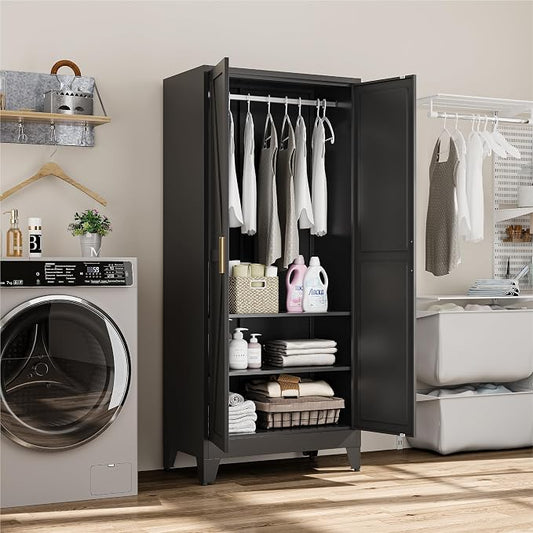 Metal Wardrobe Closet with Doors and Shelves, 71" Farmhouse Bedroom Armoire with Hanger Rod and Clothing Shelf, Black Metal Closet Cabinet for Garage, Office, Laundry Room