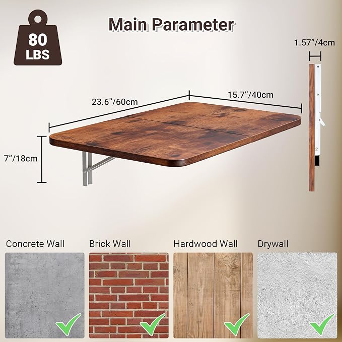 Neoaider Wall Mounted Folding Desk 23.6” x 15.7”, Brown | Drop Down Table with Metal Collapsible Brackets, Folding Wall Table for Small Spaces, Home, Office, Kitchen, Laundry Room