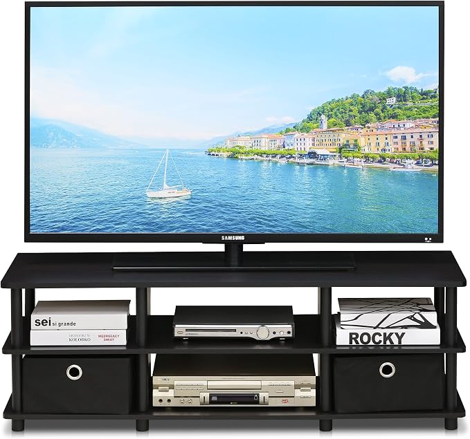 Furinno ECON TV Stand, 3-Tier Open Shelf Entertainment Center, TV Console with Storage Bins, Open Frame for Cable Management, Toolless Assembly, for Living Room, Bedroom, Espresso