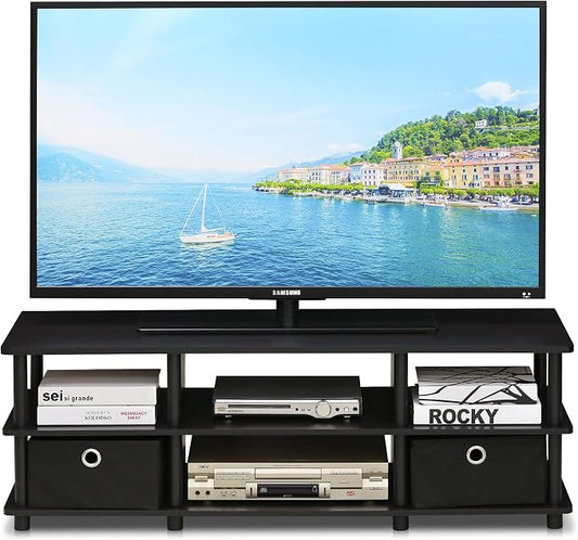 Furinno ECON TV Stand, 3-Tier Open Shelf Entertainment Center, TV Console with Storage Bins, Open Frame for Cable Management, Toolless Assembly, for Living Room, Bedroom, Espresso