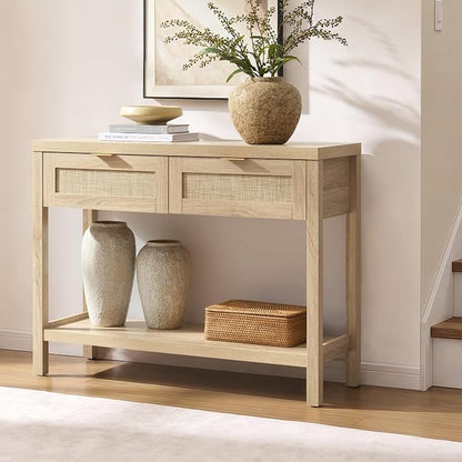 SICOTAS Console Table Set of 2 - Boho Entryway Table with Storage and Rattan Drawers, 2 Tier Shelf, Narrow Long Sofa Tables for Living Room, Natural Entry Table for Hallway, Foyer