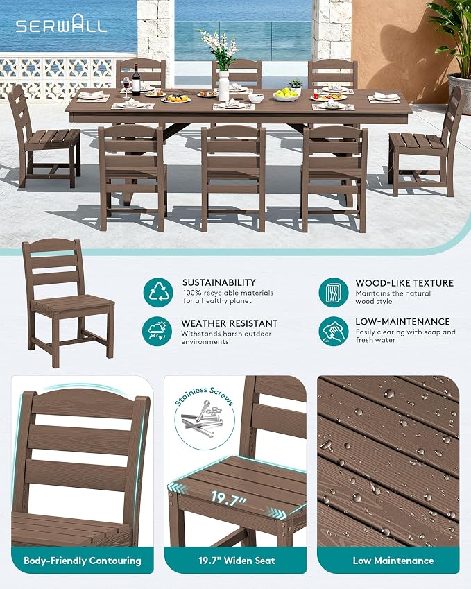 SERWALL 9 Piece 84" HDPE Outdoor Dining Set for 8 with Armless Chairs and Umbrelle Hole, Brown