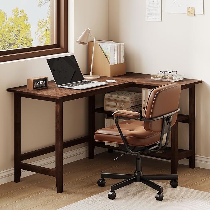 IOTXY Reversible L-Shaped Office Desk - 45" Compact Corner Computer Table with Storage Shelves, Solid Wood Legs, Writing & Study Workstation for Small Spaces, Walnut