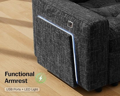 Vipbear 7 Seat L Shaped Modular Sectional Sleeper Sofa Bed with Ottoman/Pull Out Bed/Reclining Backrest/USB Ports/Table/LED Light/Storage Seat, Tool-Free Assembly, Chenille Black