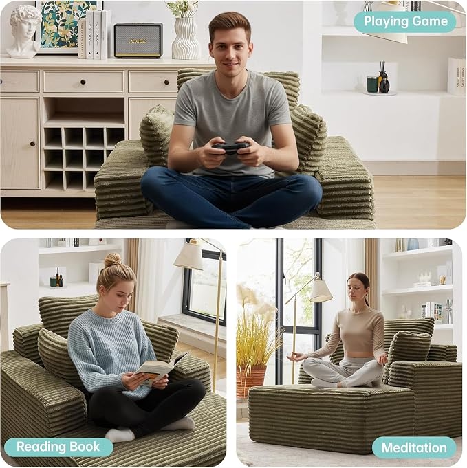 Boneless Chaise Lounge Chair, 54" Oversized Cloud Couch Sofa with Deep Seat, Plush Corduroy Reading Chair for Living Room, Bedroom, Reading Nook, Apartment, Gaming Room & Movie Nights, Green