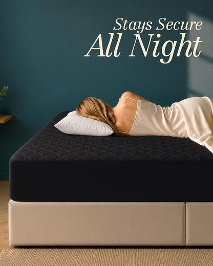 Quilted Fitted Mattress Pad, Queen Mattress Protector Topper with Deep Pocket Stretches up to 16 Inches, Machine Washable Mattress Cover by Utopia Bedding (Black)