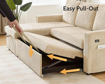 WEUP 106" U Shaped Sectional Sleeper Sofa Bed with Pull Out Bed, Sectional Sleeper Couch Pull Out Couch with Reclining Backrest/Reversible Storage Chaise/USB Ports/Tool-Free Assembly, Corduroy Beige