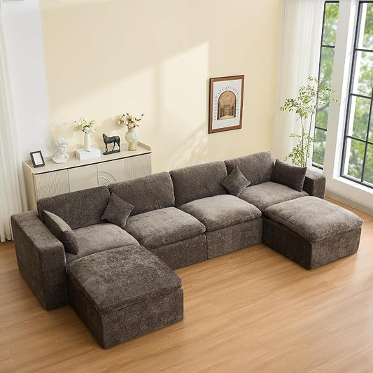 146''Cloud Boneless Sectional Couch, Modular Sectional Sofa Deep Seat with 2 Ottomans, Oversized Upholstered Convertible Comfy 6 Seater Chenille Sofa U Shape Couches for Living Room, Brown