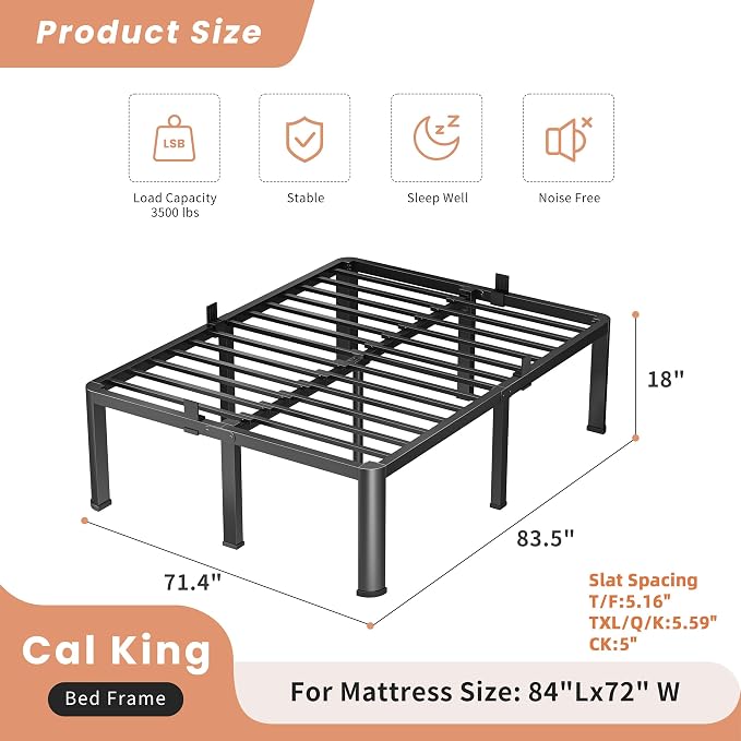 VIPSHOW 18 Inch California King Heavy Duty 3500 lbs Bed Frame with Round-Corner Legs & Anti-Squeak Design – Quick Assembly Metal Platform, No Box Spring Needed