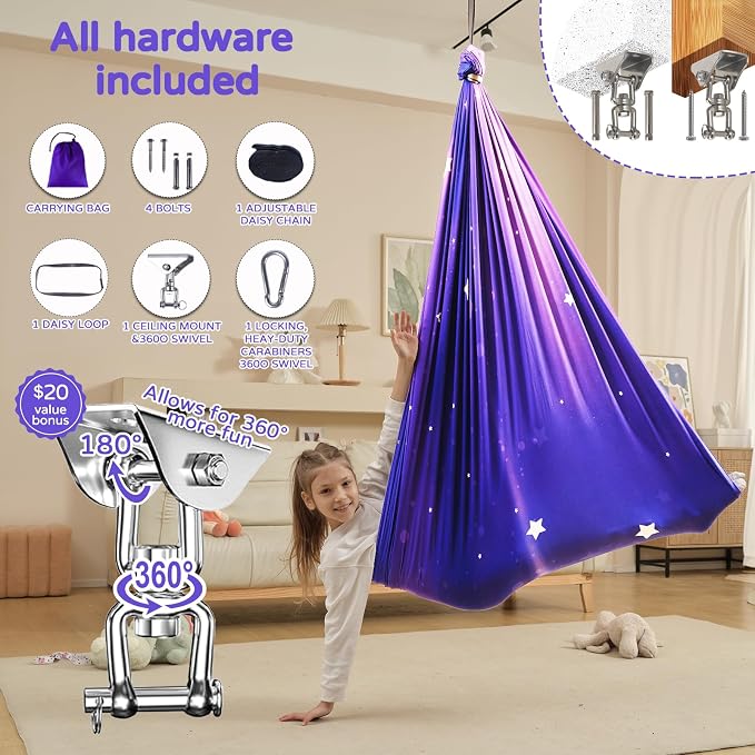 Sensory Swing for Kids Indoor & Outdoor Double Layer Therapy Cuddle Hammock Chair with 360 Swivel Hanger Kit Adjustable Swing for Child and Adult with Aspergers Autism ADHD (Galaxy Purple)