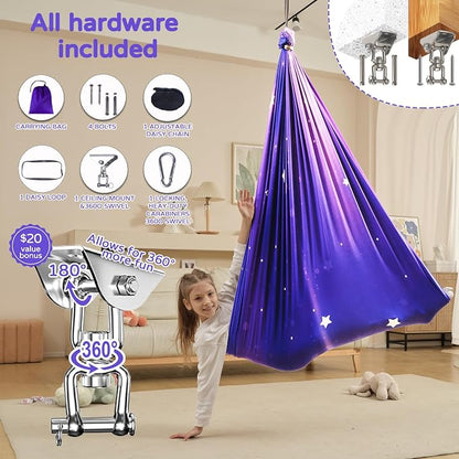 Sensory Swing for Kids Indoor & Outdoor Double Layer Therapy Cuddle Hammock Chair with 360 Swivel Hanger Kit Adjustable Swing for Child and Adult with Aspergers Autism ADHD (Galaxy Purple)