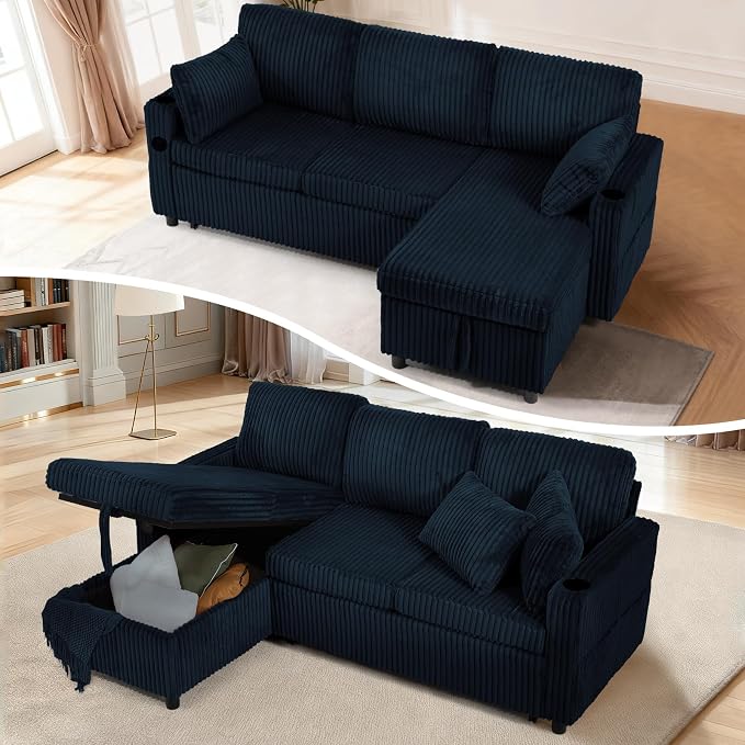 84" Corduroy Pull Out Sofa Bed w/Adjustable Backrests, Sectional L-Shape Sleeper Sofa w/Storage Chaise, Convertible Couch Bed w/USB Charging Port & Cup Holders for Living Room, House, Blue