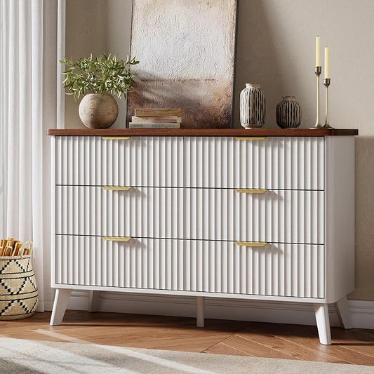 GarveeHome Fluted Dresser for Bedroom with 6 Deep Drawers, 47.2" Wide Modern Chest of Drawers, Wooden Dresser TV Stand, Curved Profile Design, for Living Room, Kids Room, Hallway, White