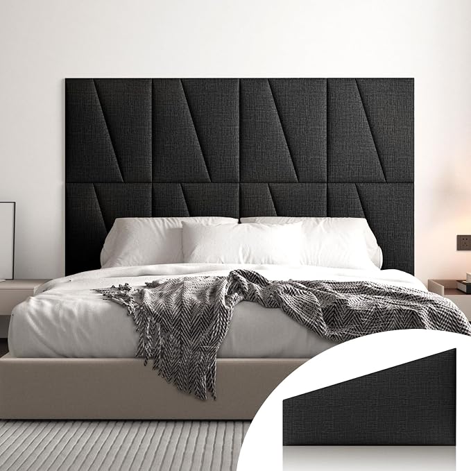 Fabric Upholstered Wall Mounted Headboard for Queen Bed Panels: Stick-On Headboard in Matte Black - Soundproof Padding for Bedroom & Living Room (6 Panels)