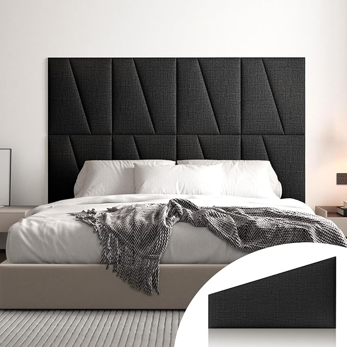 Fabric Upholstered Wall Mounted Headboard for Queen Bed Panels: Stick-On Headboard in Matte Black - Soundproof Padding for Bedroom & Living Room (6 Panels)