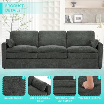 89” Chenille Sofa w/Arm Pillows, Upholstered 3-Seater Sofa w/Comfortable Back Cushions, Modern 3 Seats Couch w/High-Density Foam for Living Room, Apartment, Office, Grey