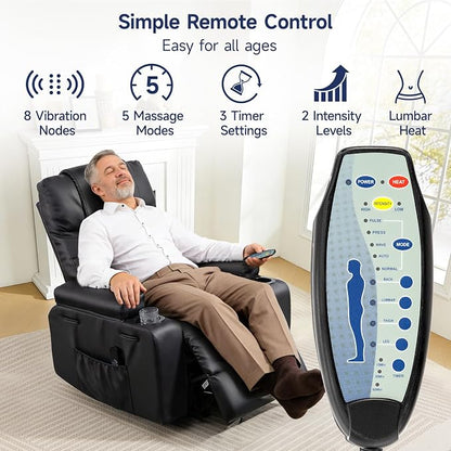 Brage Living Power Lift Recliner Chair for Elderly with Massage & Heat, PU Leather Electric Recliner with USB Charge Port, 160° Adjustable Recline, Stand Assist, Remote Control, Cup Holders (Black)