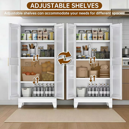 61.4" H Metal Pantry Cabinet with 3 Adjustable Shelves, Kitchen Pantry Cabinet with 2 Doors, Freestanding Food Cabinet for Kitchen, Home, Assembly Required, White