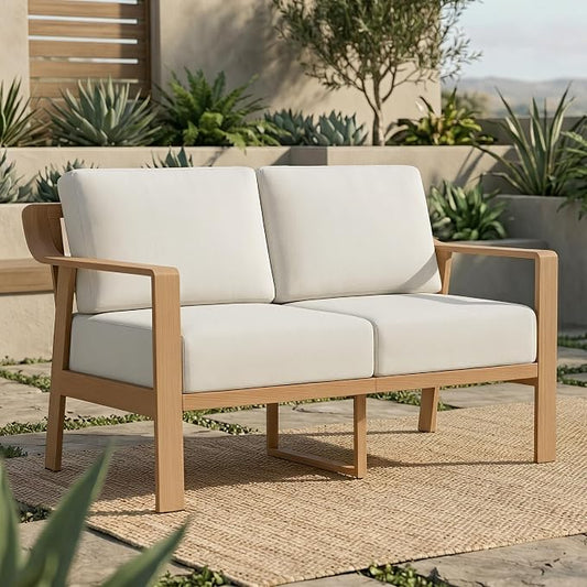 KISLOT Aluminum Outdoor Patio Furniture Loveseat,2 Seater Outside Patio Sofa with Washable Thick Cushion, Patio Sofa Couch for Porch, Balcony, Deck, Yard,Wood-Grain Frame