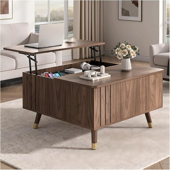 Square Coffee Table with Lift-Top & Flip-Top Storage, 36" Functional Modern Accent Center Table with Solid Wood Legs, Rustic Walnut Coffee Tables for Living Room Small Space or Office