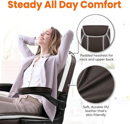 NEO CHAIR Desk Office Gaming Computer Chair Ergonomic Executive Mid-Back Leather with Adjustable Padded Flip-Up Armrests Cushion Wheels Swivel for Home Study Task (Brown)