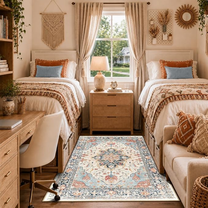 RELEANY Area Rugs 4'x6' Washable Non-Slip, Floral Vintage Distress Medallion Carpet for Living Room Bedroom Dining Room, Beige Navy Blue Orange Colorful