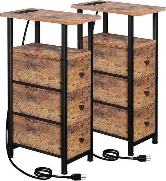 LOAKEKEL Narrow End Tables Living Room Set of 2 with Charging Station, Skinny Side Table with Fabric Drawers, Slim Nightstand for Bedroom, Small Spaces, Couch, Rustic Brown, HETNDP03PBR