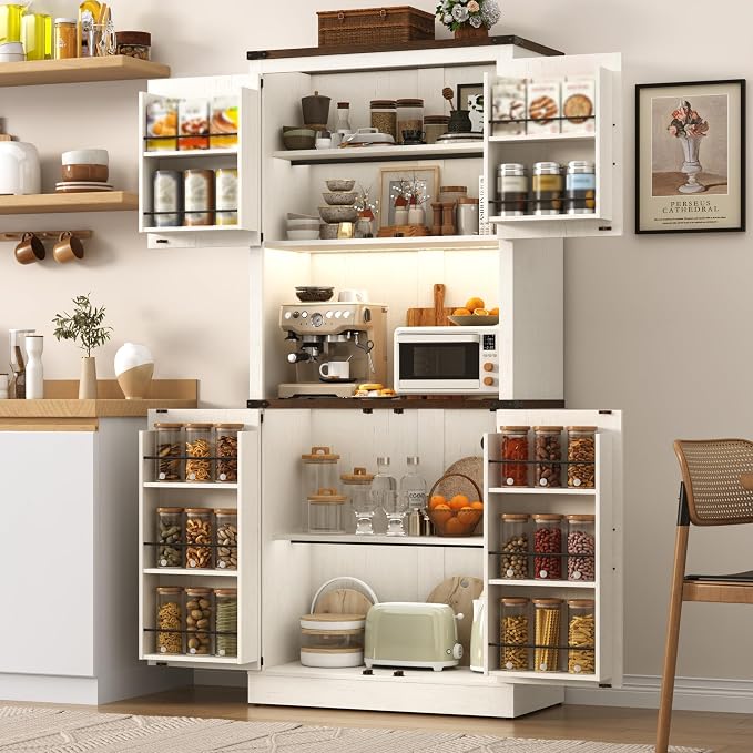 72" Tall Farmhouse Kitchen Pantry Cabinet with LED Light and Power Outlet,Modern Farmhouse Kitchen Storage Cabinet w Load-Bearing Steel Pipe,Barn Doors, Organizer,Food Pantry Cabinets(2PC White)