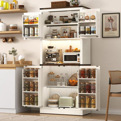 72" Tall Farmhouse Kitchen Pantry Cabinet with LED Light and Power Outlet,Modern Farmhouse Kitchen Storage Cabinet w Load-Bearing Steel Pipe,Barn Doors, Organizer,Food Pantry Cabinets(2PC White)