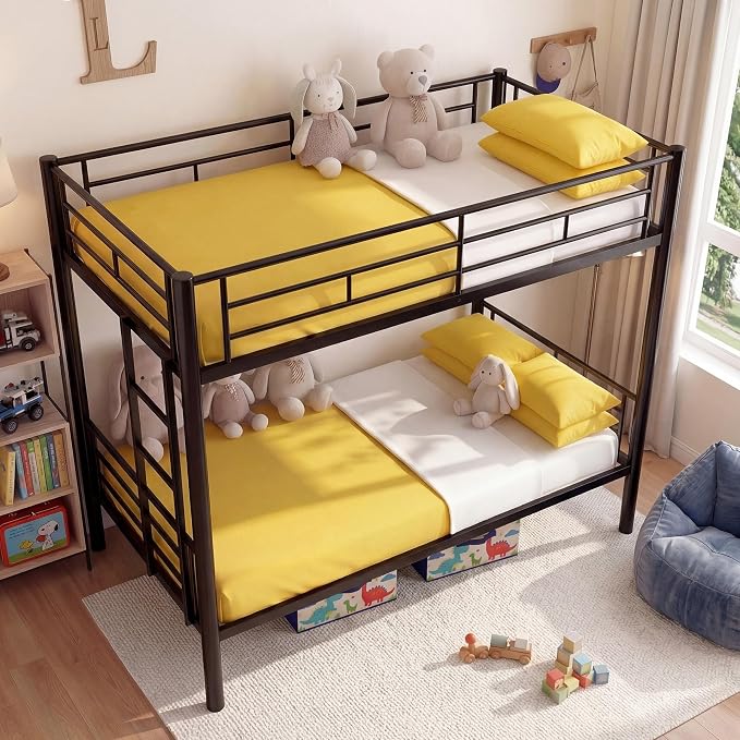 Bunk Bed Twin Over Twin, Metal Bunk Bed with Side Ladder and Safety Guardrail, Space-Saving Twin Bunk Beds for Kids, Teens & Adults, No Box Spring (Side Laddder, Black)