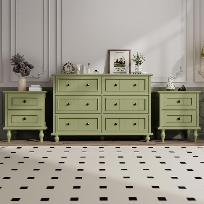 Antique Bedroom Set, 6 Drawer Dresser with Nightstands Set of 2 (Green) | Vintage Style, Paint, with Drawers, Large Storage