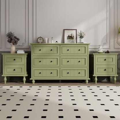 Antique Bedroom Set, 6 Drawer Dresser with Nightstands Set of 2 (Green) | Vintage Style, Paint, with Drawers, Large Storage