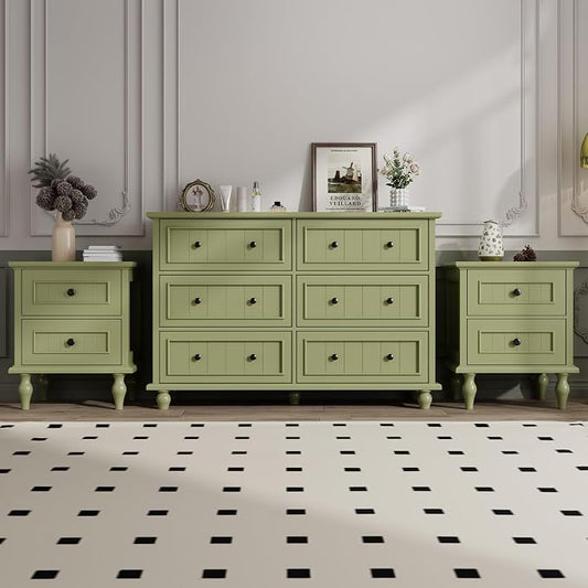 Antique Bedroom Set, 6 Drawer Dresser with Nightstands Set of 2 (Green) | Vintage Style, Paint, with Drawers, Large Storage