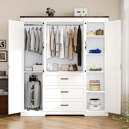 4 Doors Wardrobe Armoire Closet with Drawers, Farmhouse Wooden Armoire Storage Cabinet with Adjustable Shelves & Hanging Rod, 70" Freestanding Clothing Storage Cabinet for Bedroom, White