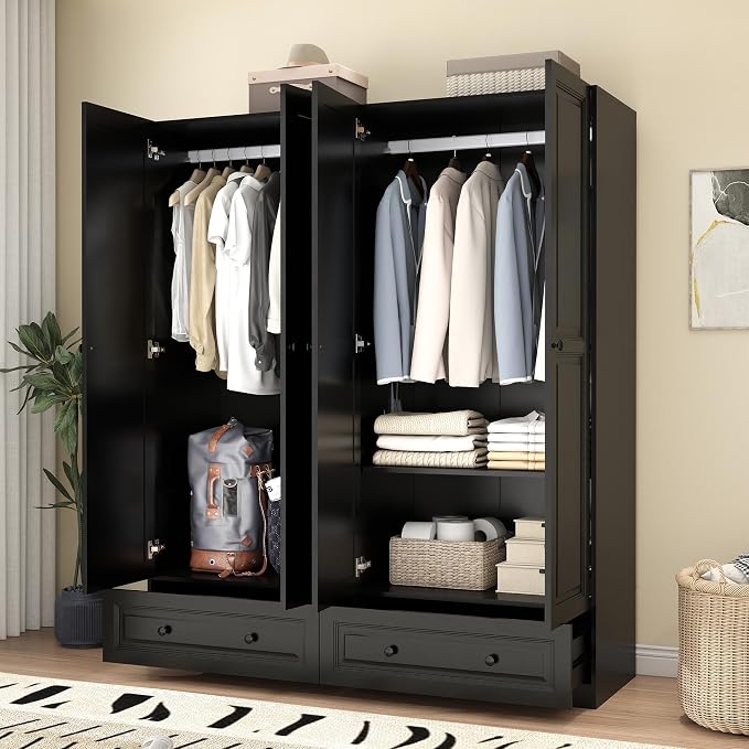 Armoire Wardrobe Closet with Drawers: 63" Black Wardrobe Closet with 4 Doors and 2 Drawers, Wood Clothes Armoire with Hanging Rod, Clothing Storage Cabinet for Bedroom
