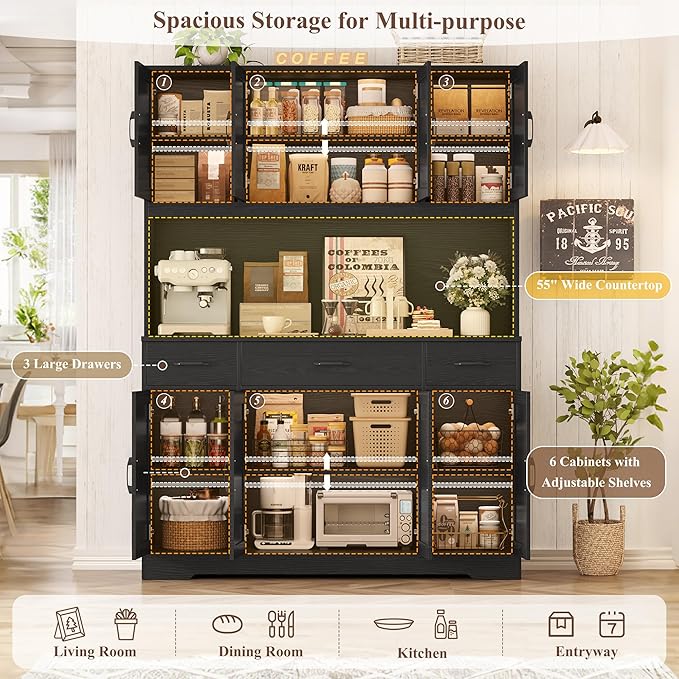 HOSTACK 71" Tall Pantry Cabinet with Charging Station, 55" Wide Kitchen Pantry Storage Cabinet with Countertop, Large Kitchen Hutch with Storage Drawers for Dining Room, Black Wood Grain