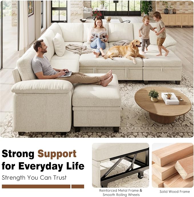 Ihanherry 108" Modular Sectional Sofa with Pull Out Bed, 9-Seater U Shaped Sectional Sleeper Couch with Storage, Chenille Convertible Couches for Living Room, Apartment (Beige)